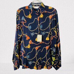 80s 90s Status Tassel Chain Print 100% Silk Shirt Blouse 4 NWT